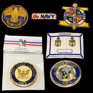 Vintage U.S. Navy Memorabilia Lot – Navy Pins, USS Barry Patch, USS Jason Patch